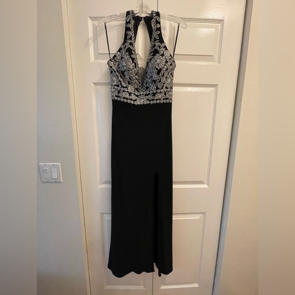 Black embroidered and beaded formal gown